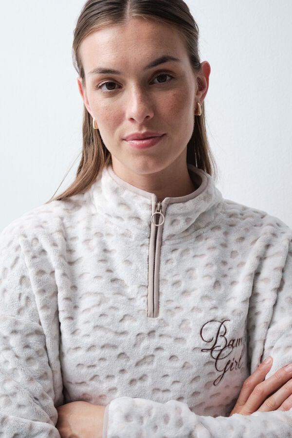 Women'secret Pijama larga polar estampado marfil