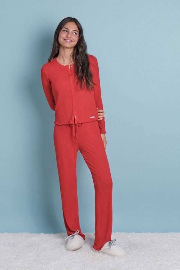 HI&BYE Pijama larga algodón acanalado rojo rojo