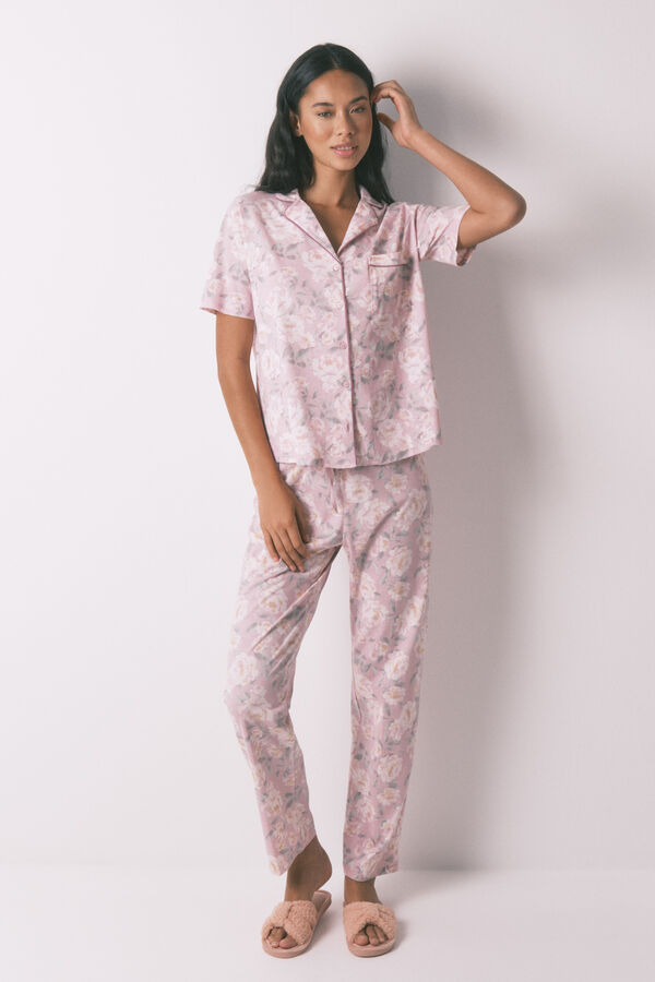 Women'secret Pijama camisera floral 100% algodón  rosa