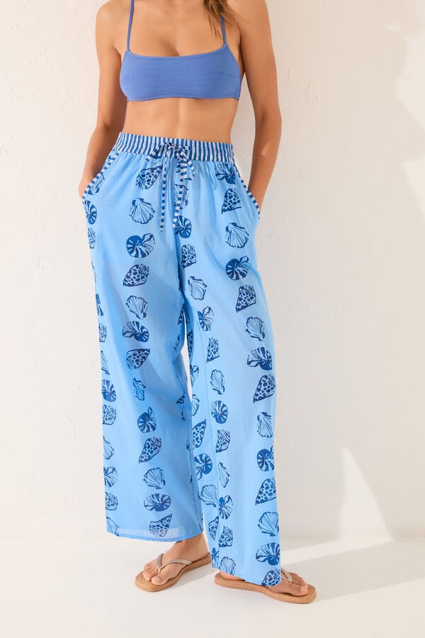 Womensecret Pantalón largo azul con estampado de conchas estampado