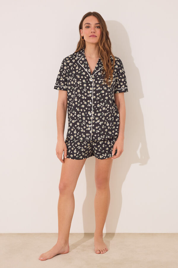 Womensecret Pijama camisera short clásico floral 100% algodón negro
