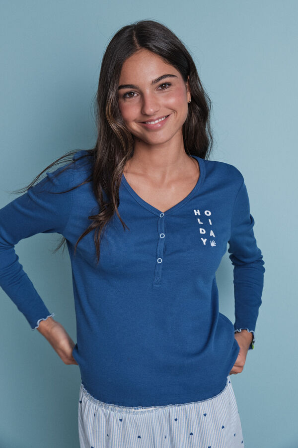 HI&BYE Pijama larga de algodón de rayas azules  estampado