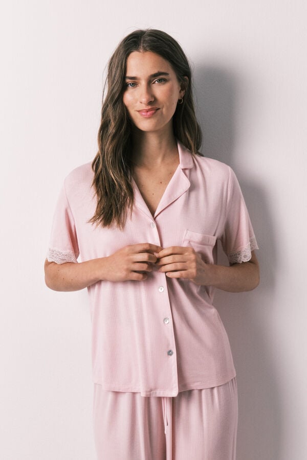 Women'secret Pijama camisera capri de viscosa y encaje rosa rosa