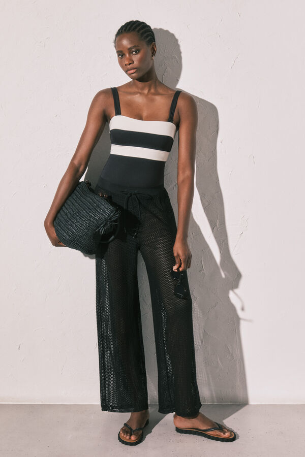 Women'secret Traje de ba&ntilde;o bandeau modelador color block B&W negro