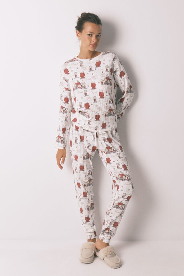 Women'secret Pijama larga canalé suave blanco Snoopy marfil