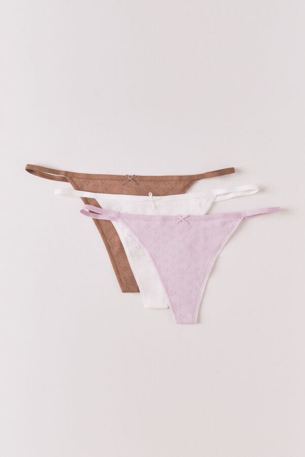 Women'secret Pack de 3 tangas de algod&oacute;n desagujado con lazo blanco