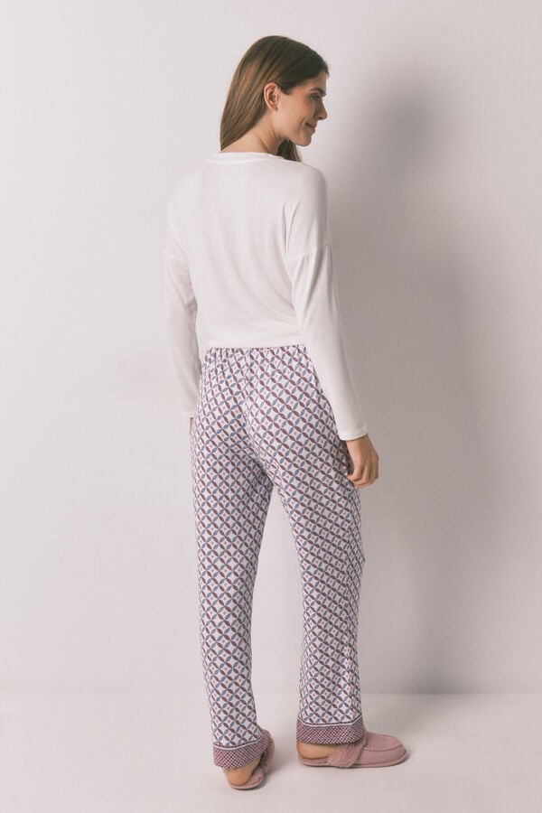 Women'secret Pantalón azul largo de tejido suave y pierna ancha estampado