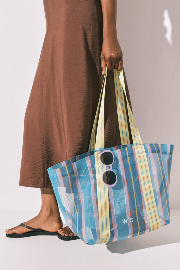 Women'secret Bolsa grande de malla a rayas azul y verde estampado