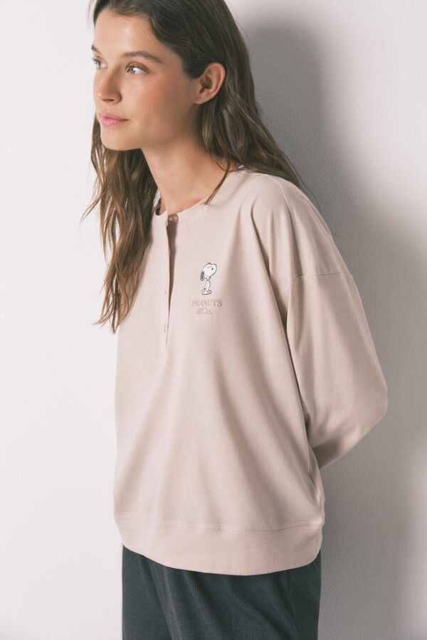 Women'secret Pijama larga de Snoopy beige 100 % algodón café