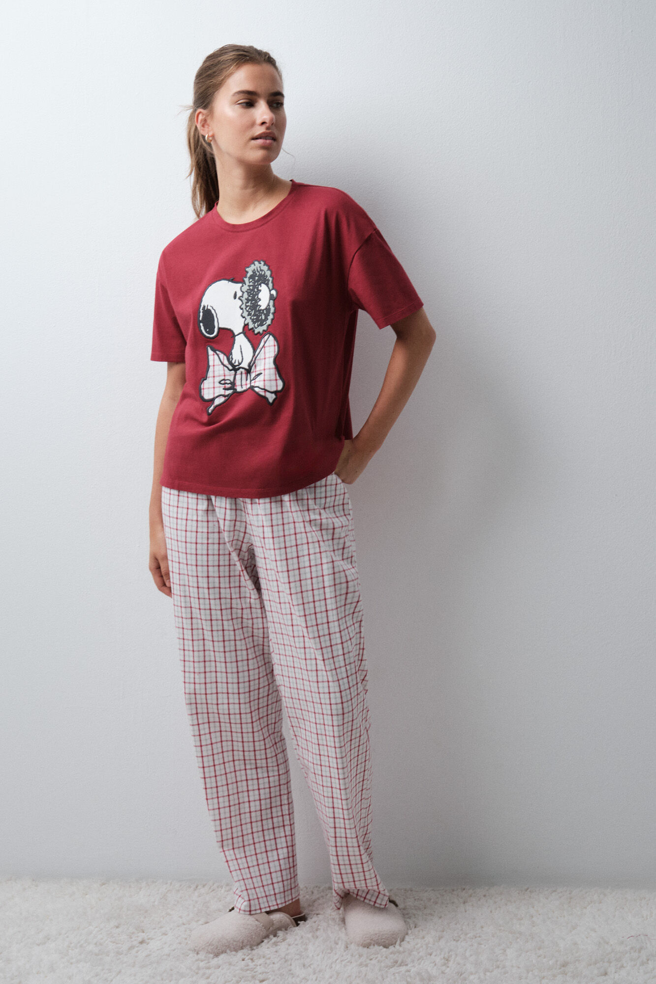Women'secret Pijama larga manga corta Snoopy a cuadros rojo de algod&oacute;n