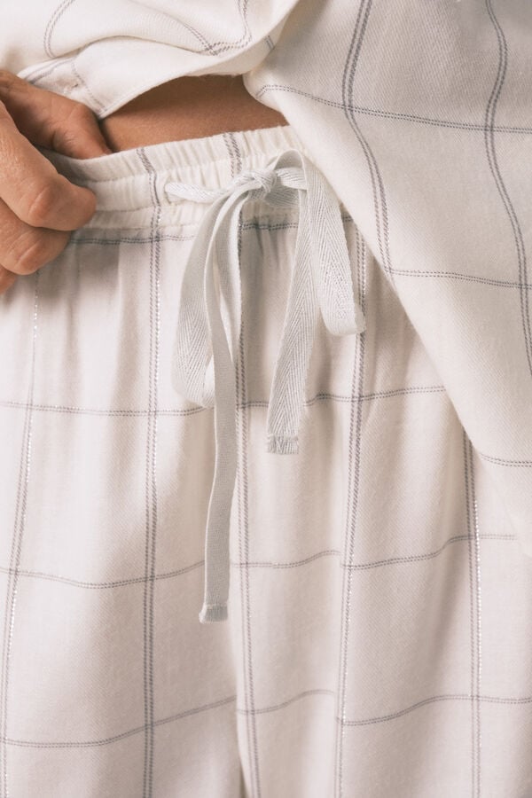 Women'secret Pijama camisera de franela de algodón blanco con estampado de cuadros marfil