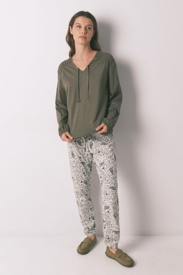 Women'secret Playera manga larga fruncida de algod&oacute;n verde kaki