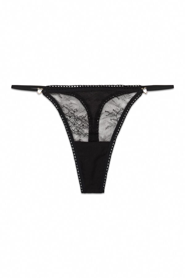 Women'secret Tanga de tiras de encaje negra negro