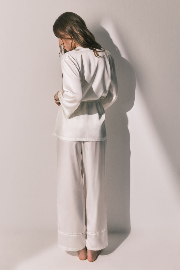 Women'secret Set Pijama larga y bata sat&eacute;n blanco marfil