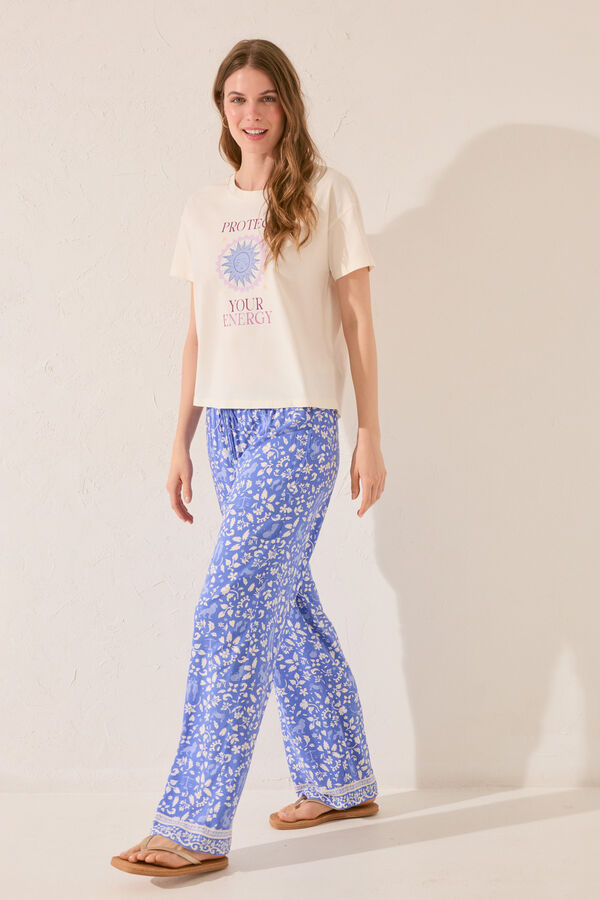Womensecret Pantalón largo de viscosa con estampado azul estampado