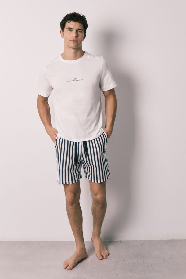 Women'secret Pijama corta de hombre 100% de algod&oacute;n a rayas marfil