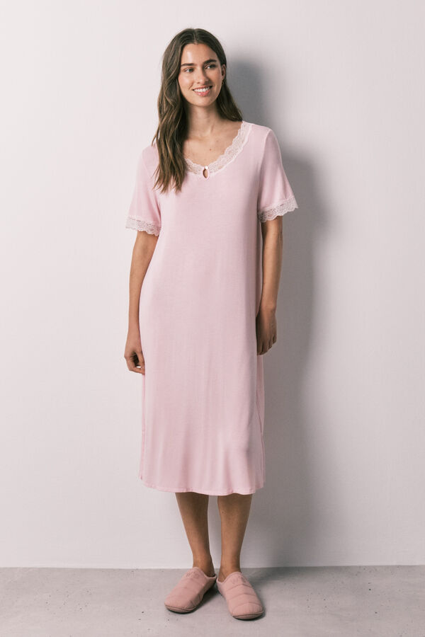 Women'secret Camis&oacute;n midi de viscosa y encaje rosa rosa