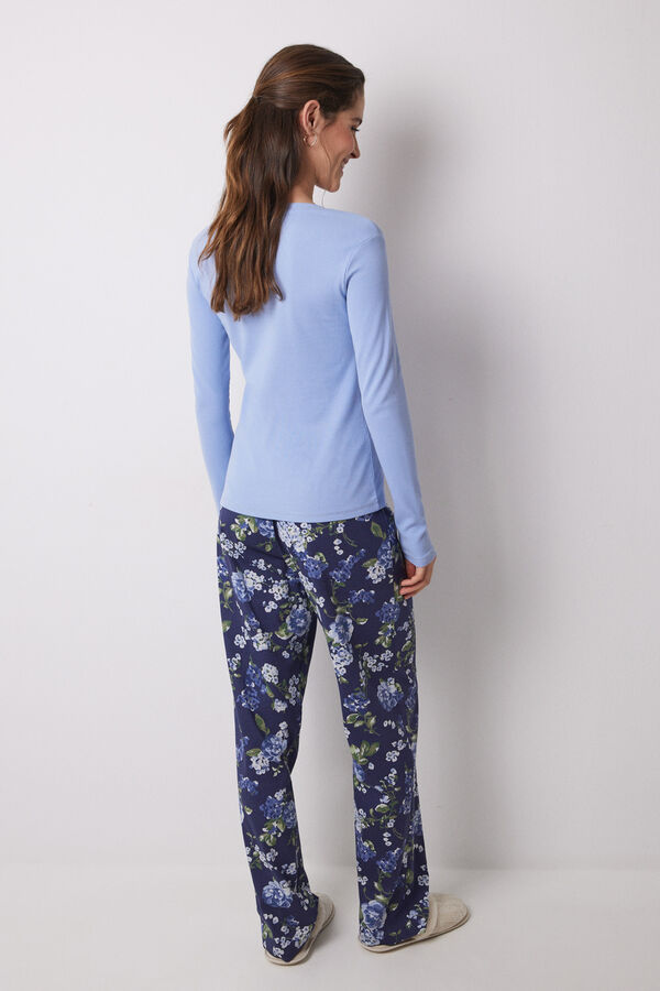 Womensecret Pijama larga 100% algodón canalé azul flores azul