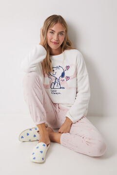 Womensecret Pijama larga de forro polar suave con lazos de Snoopy marfil