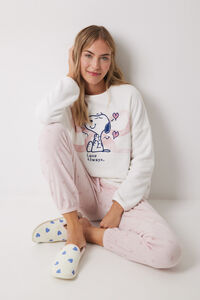 Womensecret Pijama larga de forro polar suave con lazos de Snoopy marfil