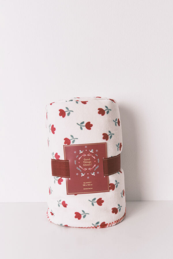 Women'secret Manta navidad con estampado floral súper suave marfil