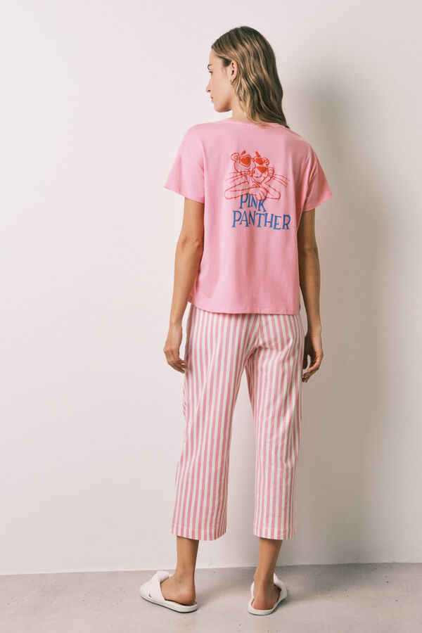 Women'secret Pijama larga Pantera Rosa de rayas rosa
