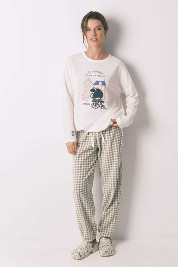 Womensecret Pijama larga largo Mafalda de forro polar con cuadros vichy marfil