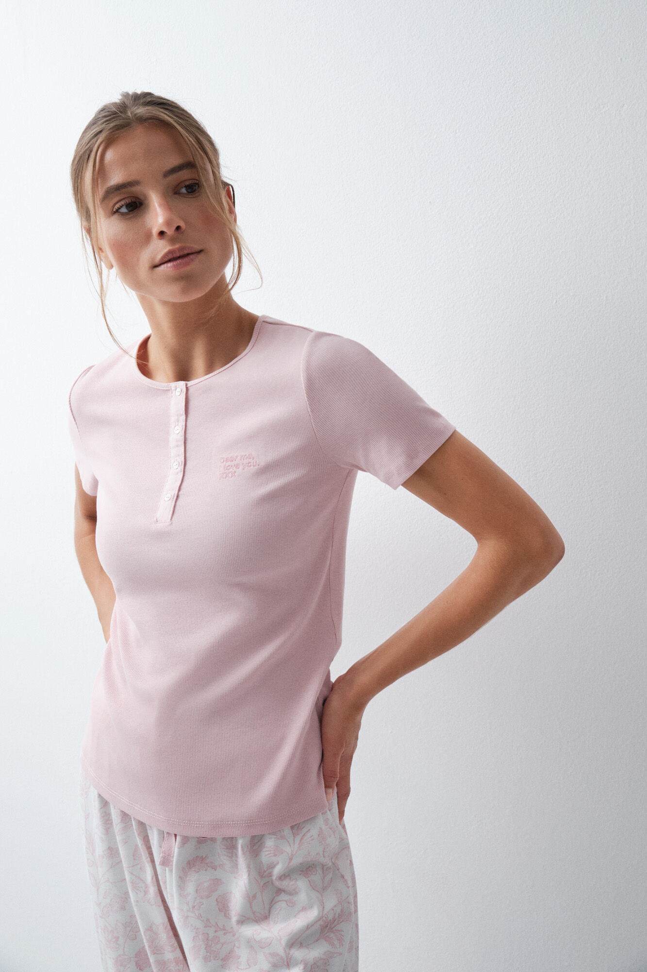 Women'secret Pijama larga de manga corta de algod&oacute;n con estampado floral rosa
