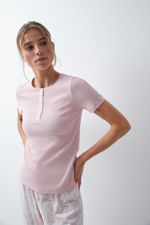 Women'secret Pijama larga de manga corta de algod&oacute;n con estampado floral rosa rosa