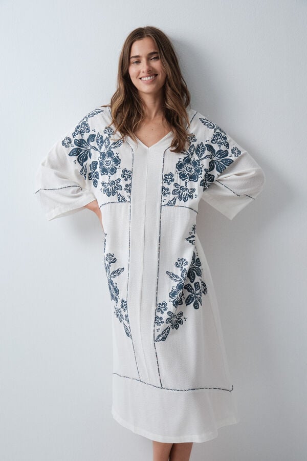 Women'secret Vestido caft&aacute;n de viscosa estampado floral blanco marfil