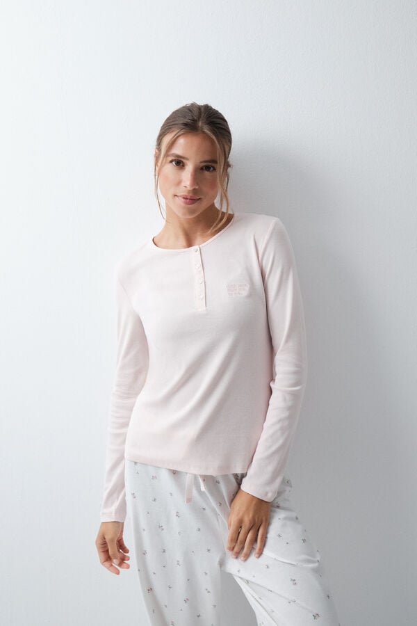 Women'secret Pijama larga de algod&oacute;n con estampado floral rosa claro rosa