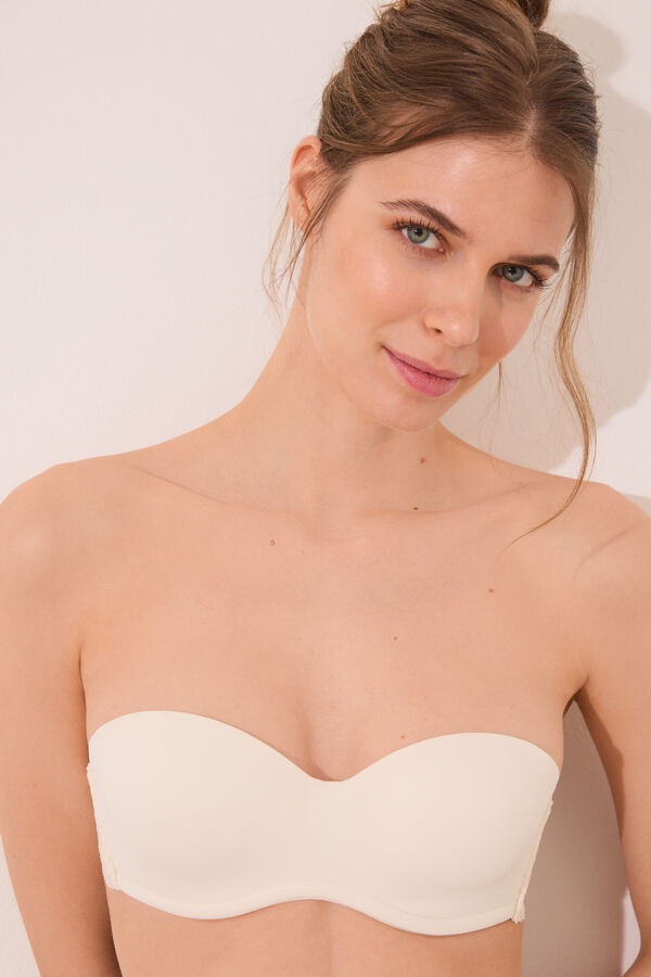 Womensecret Brasier sin tirantes en microfibra y encaje crema marfil