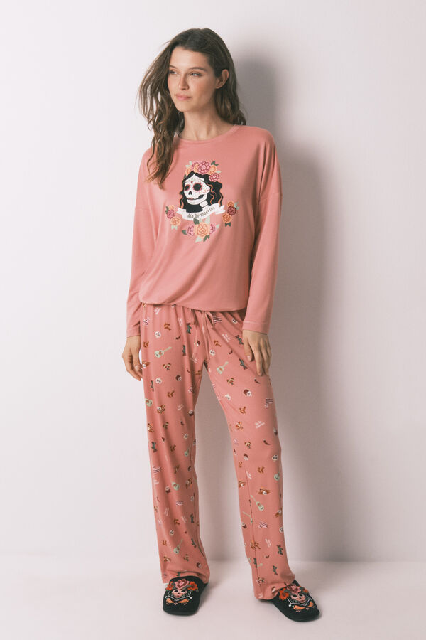 Women'secret Pijama larga forro polar rosa "La Catrina" naranja
