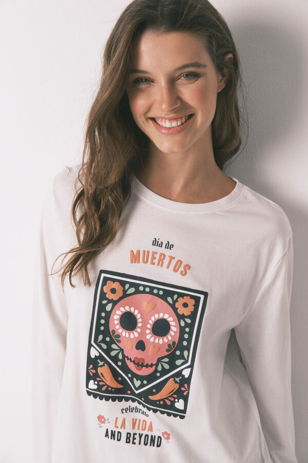 Women'secret Pijama larga"D&iacute;a de Muertos" 100% algod&oacute;n, color marfil blanco