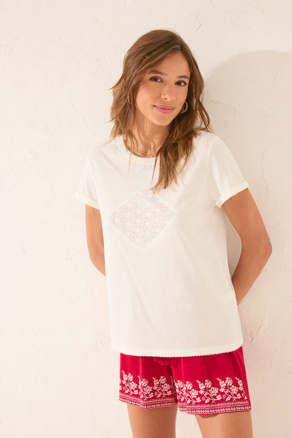 Womensecret Playera de manga corta bordado blanca 100% algodón blanco