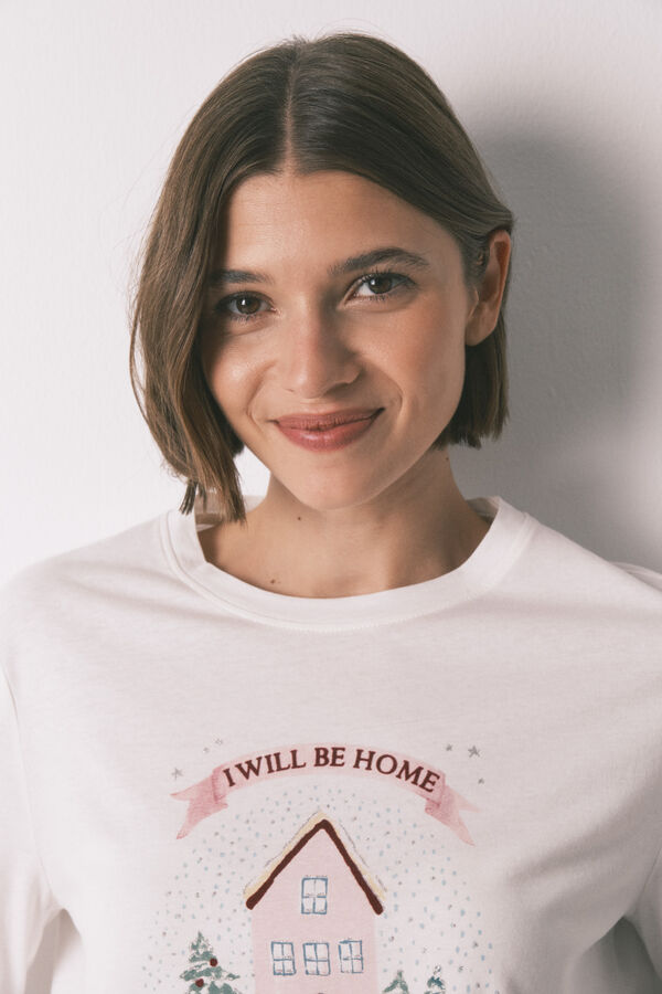 Women'secret Playera de navidad manga larga blanca 100% algodón blanco