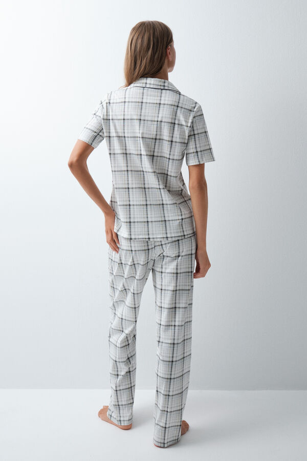 Women'secret Pijama larga camisera a cuadros de algod&oacute;n blanco