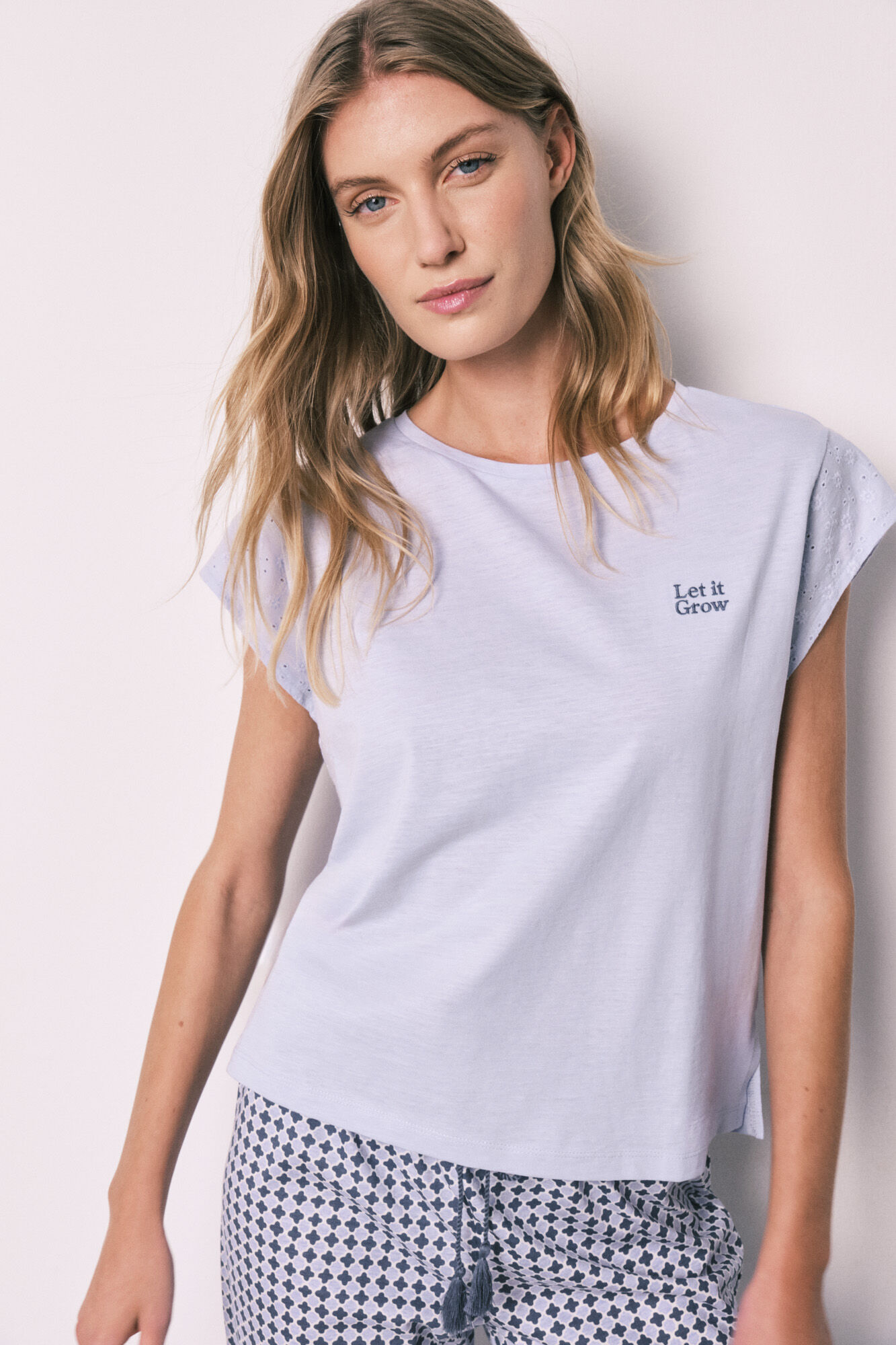 Women'secret Pijama larga de algod&oacute;n lila con estampado de manga corta