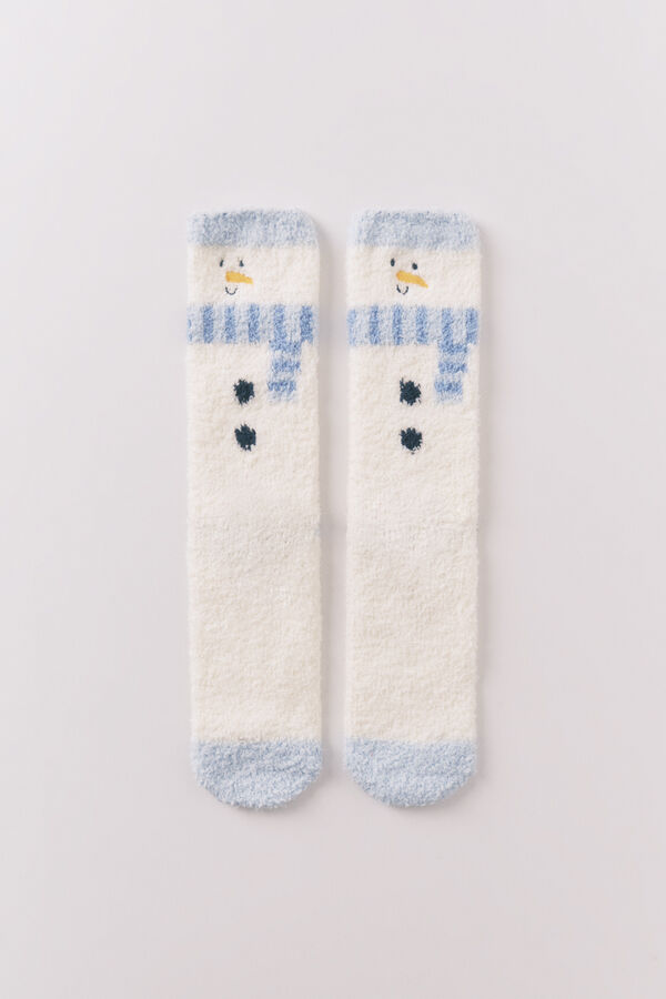 Women'secret Calcetines largos de piel con estampado de muñeco de nieve. blanco