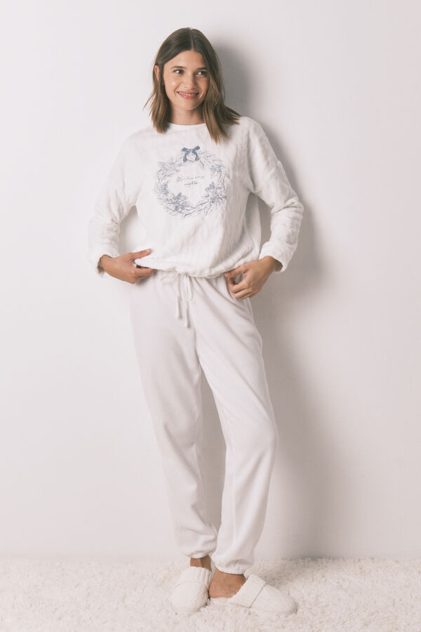 Women'secret Pijama larga de forro polar blanco suave. marfil