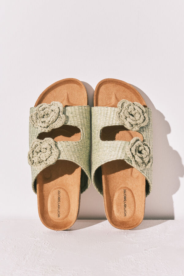 Women'secret Sandalias bio de rafia con flor de crochet verde kaki