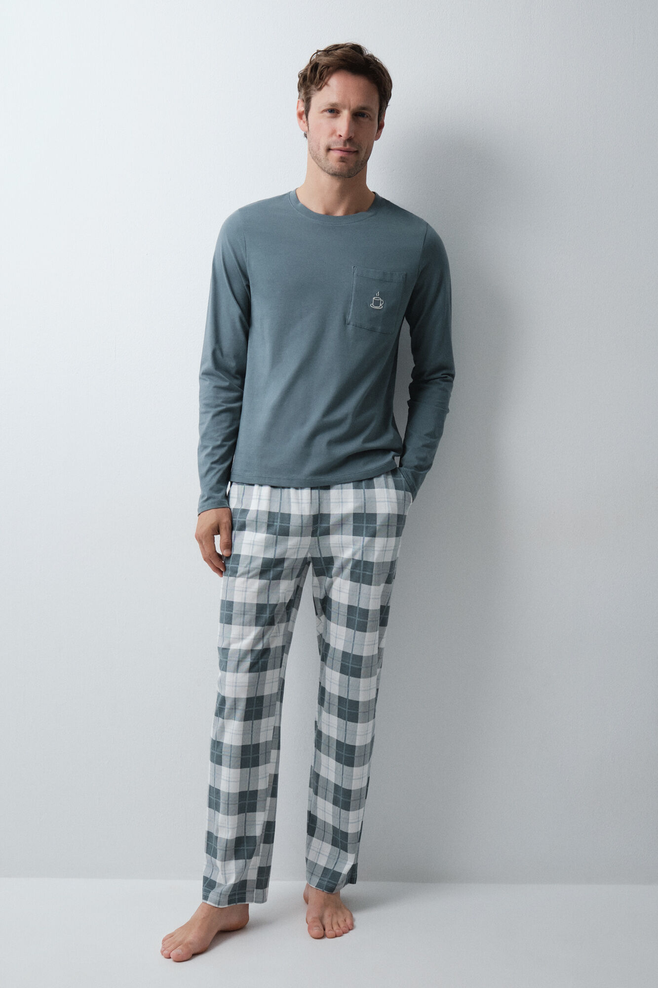 Women'secret Pijama larga de algod&oacute;n a cuadros verde