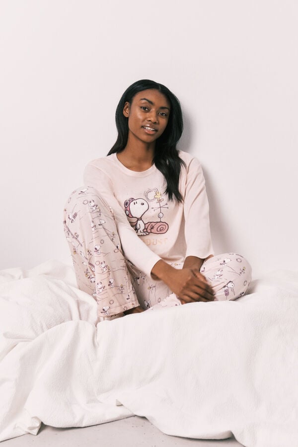 Women'secret Pijama larga de algod&oacute;n Snoopy rosa rosa