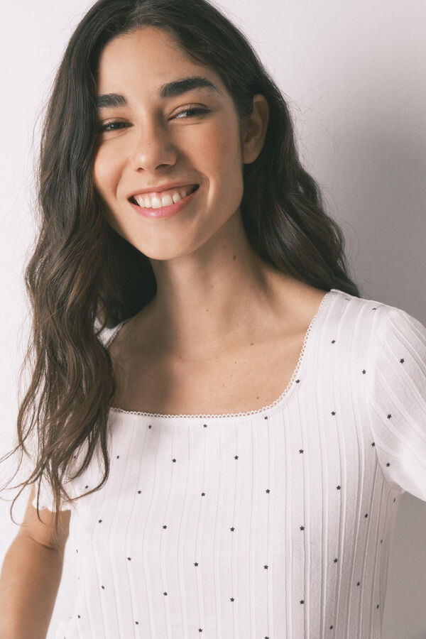 Women'secret Pijama acanalada estampado de estrellas blanco marfil