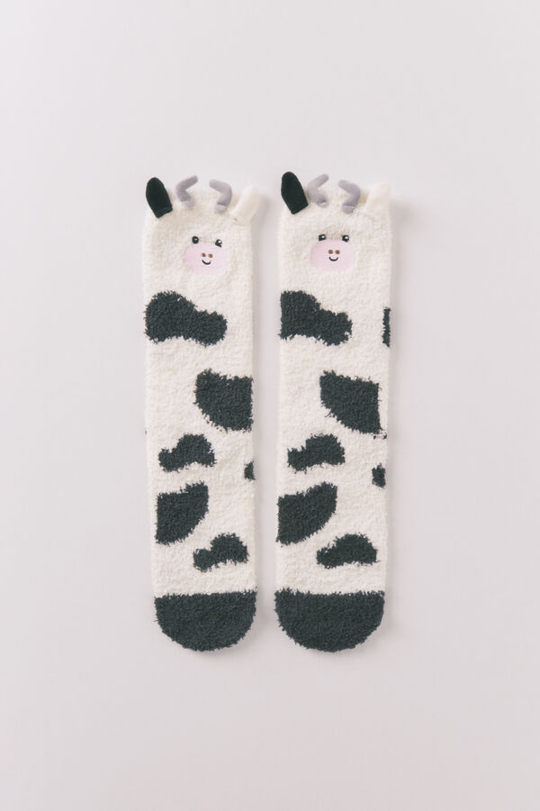 Women'secret Calcetines largos de pelo de vaca con estampado 3D blanco