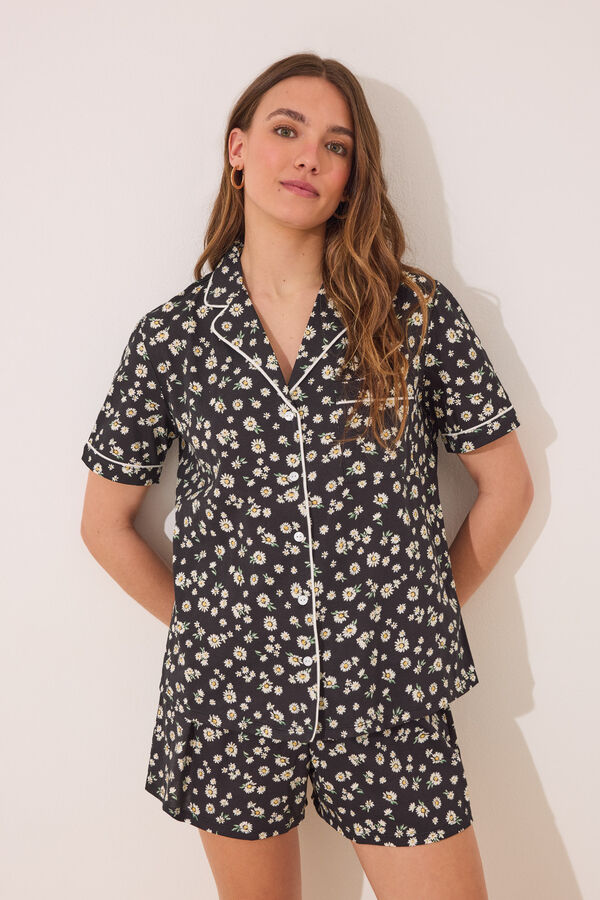 Womensecret Pijama camisera short clásico floral 100% algodón negro
