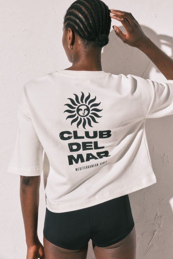 Women'secret Playera de felpa con estampado "Club del Mar" blanca marfil