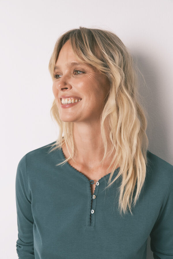 Women'secret Playera verde de manga manga larga 100% algodón verde