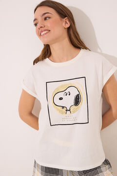 Womensecret Pijama corta de algodón a cuadros de Snoopy marfil