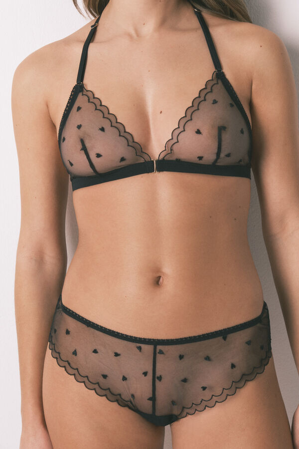 Women'secret Panty brasile&ntilde;a ancha de tul bordado negra negro